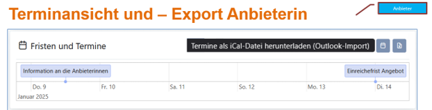 Terminansicht und - Export Anbieterin